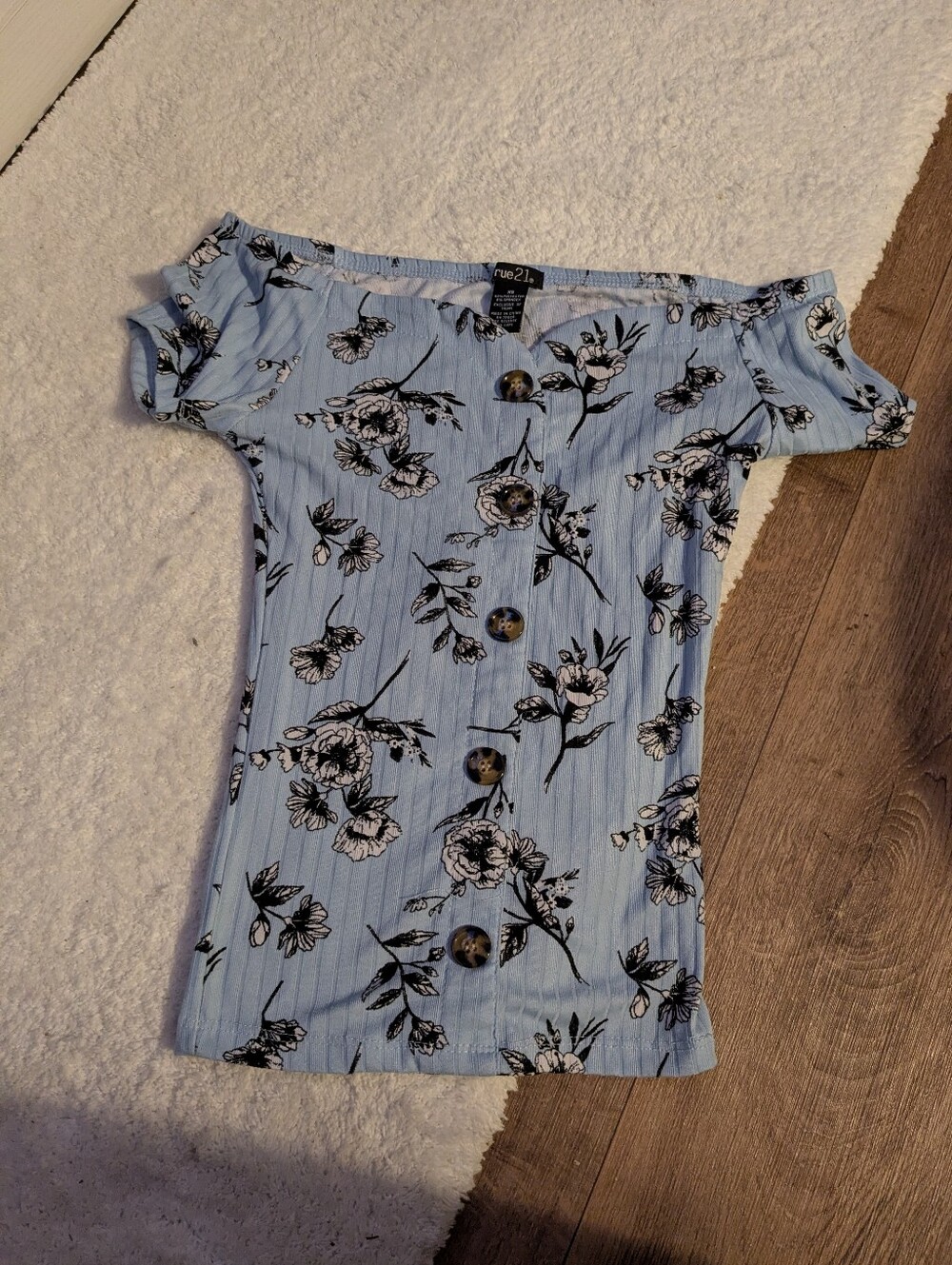 Light Blue Floral Off-Shoulder Button-Front Women's Top